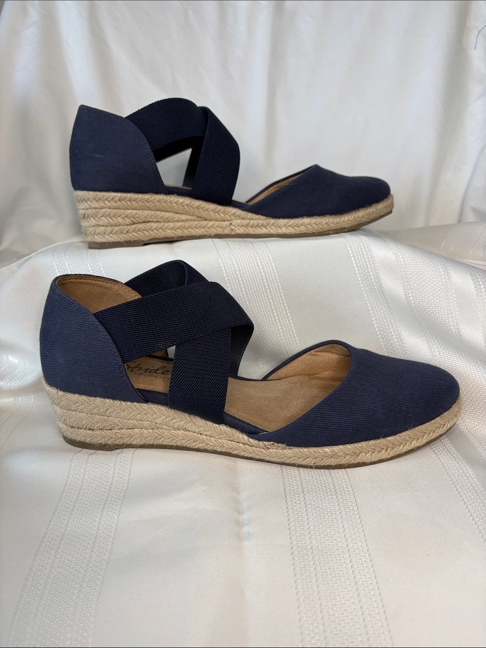 Life Stride Navy Espadrille Wedge Sandals with Elastic Cross Straps